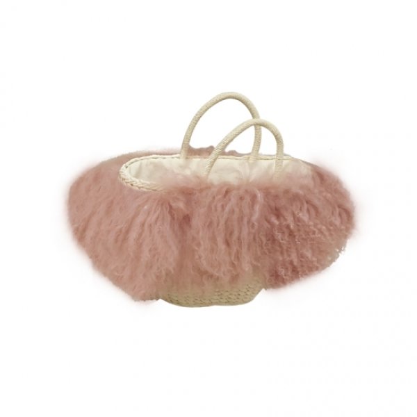 画像1: women's  wool fur grass straw handcuffs hand shoulder basket bagリアルモンゴリアファー付きバスケットかごトートバック (1)