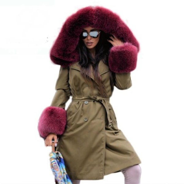 women's Real Fox Fur Hood Real Rex Rabbit Fur Lining Long Coat