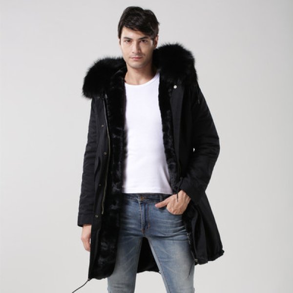 ブラック＆ネイビー メンズ Mens Real Fox Fur Real Fur Liner Hoodie ...