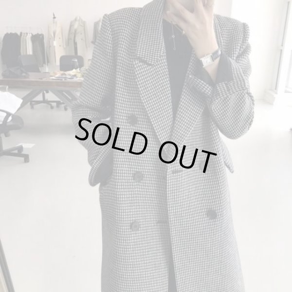 Women's Houndstooth lapel double-breasted long coat 千鳥格子ダブル