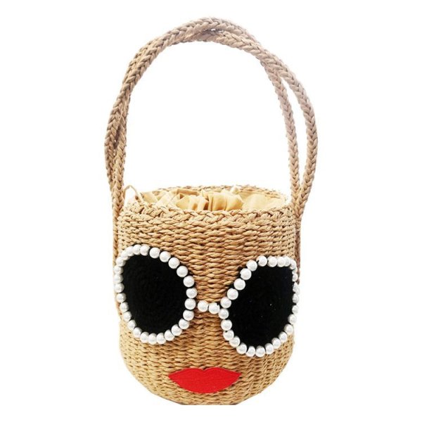 画像1:  Cute woman face straw bucket bag パールサングラスがポイントのバケット型トート籠　かごバック (1)