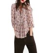 画像1: Floral V-neck top loose nine-point sleeve printed shirt フローラルVネックルーズブラウス　シャツ (1)