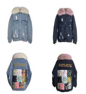 women's Damaged Denim G jacket with pear パール付ダメージデニムG