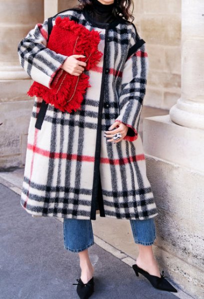 Women's British style black and white red striped woolen coat