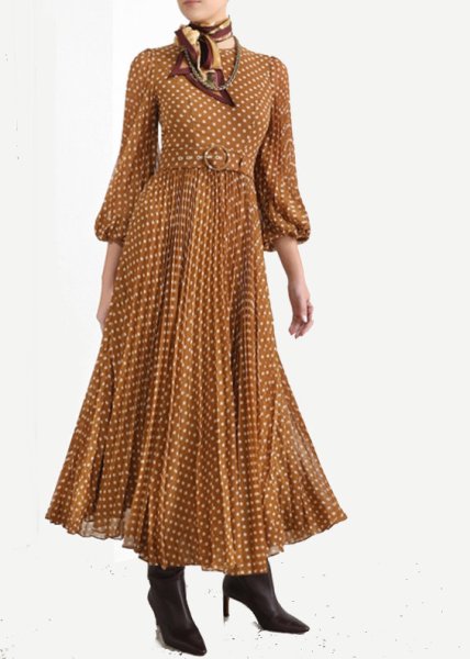 画像1:  Women'sdot print pleated round neck belt lantern sleeves retro large  length dress　ドットプリントプリーツラウンドネックベルトランタンスリーブレトロロング丈ワンピース (1)