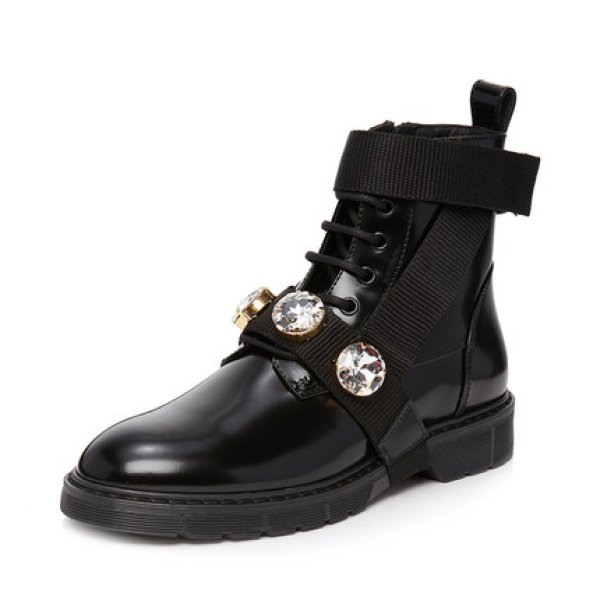 画像1:  women's round head lace-up  rhinestones rider boots  レザーレースアップラインストン付きフラットブーツ　マーティンブーツ   (1)