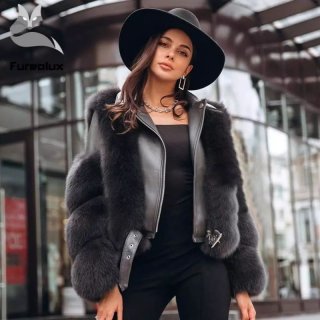Oversized Real Fox Fur Collar with Genuine Sheepskin Leather