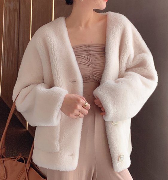 画像7: Light grained sheep shearling Women's composite fur lamb hair short fur coat  ライトグレインシープシャーリングミドル丈コート ジャケット  (7)