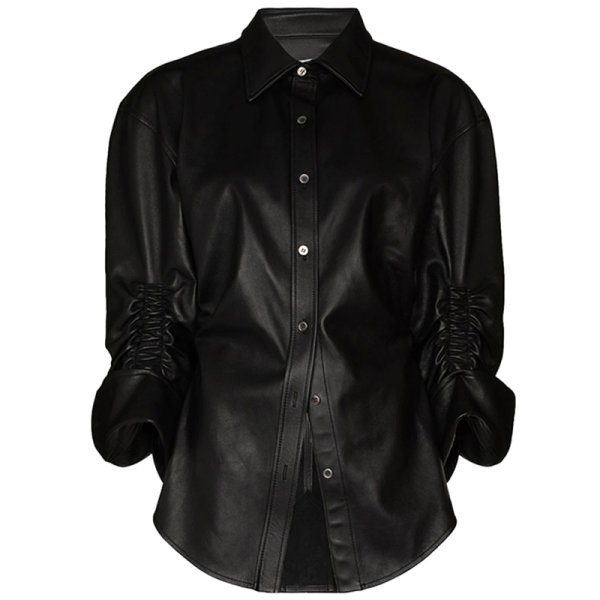 画像1: Irregular sleeves pleated leather shirt top coat 　レザーイレギュラー袖プリーツレザーシャツ　ジャケット (1)