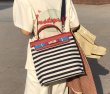 画像7: Woman striped canvas and leather contrast color tote shoulder messenger Kelly bag   キャンバス＆レザーストライプトートショルダーバッグ (7)