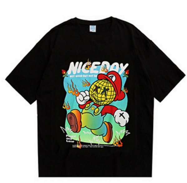 画像1: FLOATINGKA Floating cartoon short-sleeved T-shirt　ユニセックス 男女兼用Nice dayコミックプリント半袖Tシャツ (1)