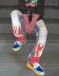 画像4: Unisex DAMAGE FIRE PRINT jeans  denim  Pants　ユニセックス男女兼用 ダメージファイアー炎プリントグラフィティワイドストレートデニムジーンズパンツ (4)