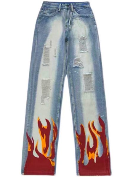 画像1: Unisex DAMAGE FIRE PRINT jeans  denim  Pants　ユニセックス男女兼用 ダメージファイアー炎プリントグラフィティワイドストレートデニムジーンズパンツ (1)