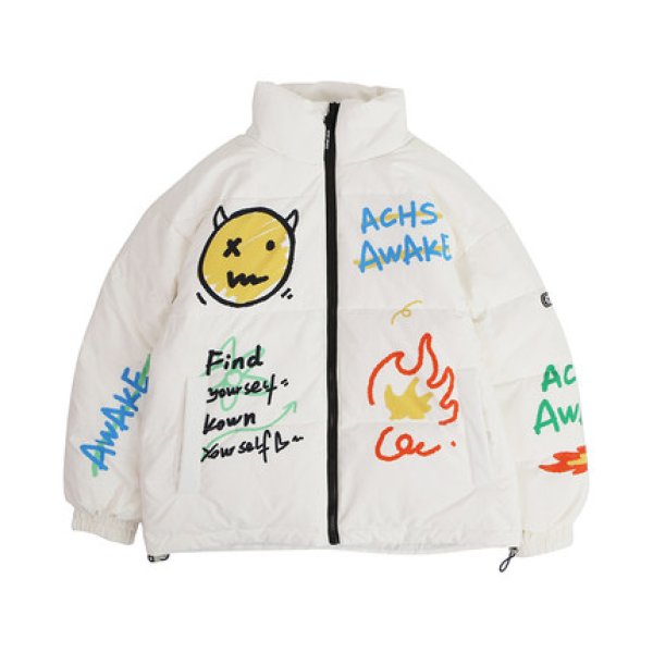 22 graffiti Smile Smily Graffiti paint hip-hop stand-up collar Down jacket  blouson ユニセックス 男女兼用 スマイル グラフィック 落書き ダウン ジャケット ブルゾン - CREA WEB SHOP  |クレアウェブショップ