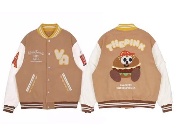 画像1: Vandy the pank hamburger embroidery baseball jacket stadium jacket baseball uniform jacket blouson  ユニセックス 男女兼用ハンバーガー刺繍スタジアムジャンパー スタジャン MA-1 ボンバー ジャケット ブルゾン (1)