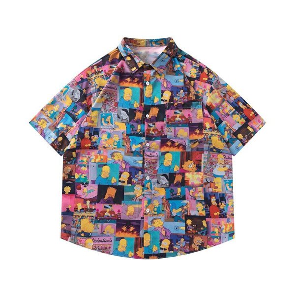 画像1: Unisex Simpsons Patterned all over Short Sleeve Shirt Tops ユニセックス　男女兼用　シンプソンズ　総柄　半袖　シャツ　トップス (1)