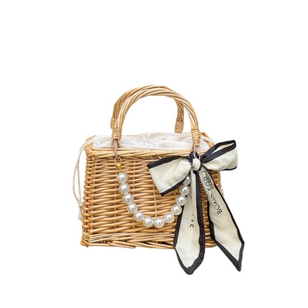 画像1: Pearl Handle Ribbon Straw Bag　可愛い　パール　ハンドル　リボン　デザイン　カゴ　ストロー　バッグ　ハンドバッグ (1)