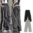 画像1: Lace Sideline Track Wide Pants High waist  pants   男女兼用 ユニセックスサイドレースハイウエスト ルーズ ワイドレッグ トラックパンツ   (1)