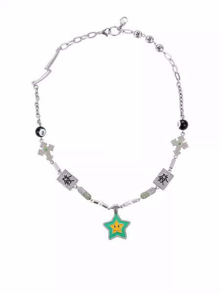 画像1: Maison Emerald ME Smile Cross KANJI  NECKLACE メゾンエメラルド 漢字 ダイヤモンド ネックレス メンズ トレンディ ラップ スマイリング ラッキー スター ネックレス (1)