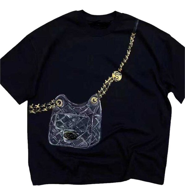 画像1: Art hand-drawn quilted chain bag Short-sleeved T-shirt  アートプリントキルティングチェーンバック半袖 Tシャツ (1)