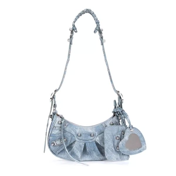 画像1: Denim crossbody shoulder under arm motorcycle dumpling bag Le Cagole Handbag  デニム クロスボディショルダーアンダーアームモーターサイクルダンプリングバッグ (1)