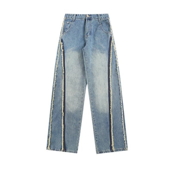 画像1:  Unisex Straight-leg washed denim pants Jeans  ユニセックス 男女兼用 ストレートワイドフリンジデザイン デニムジーンズ (1)