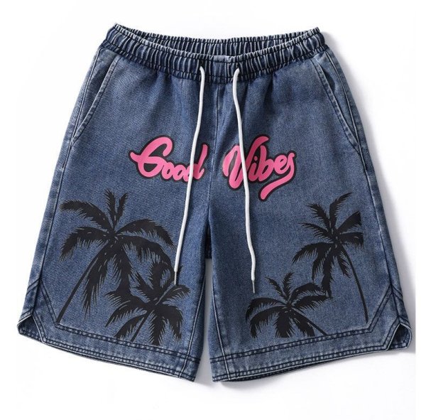 画像1: Unisex Good Vibes Palm Tree Printed Short Half Jeans Denim Pants  男女兼用 ユニセックス Good Vibes　パームツリー　プリント　ショート　ハーフ　デニム　ジーンズ　パンツ (1)