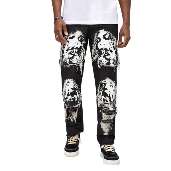 画像1: Unisex Damaged Skull Girl Printed Jeans Denim Pants  男女兼用 ユニセックス ダメージ加工　クラッシュ加工　スカル　ガール　プリント　デニム　ジーンズ　パンツ (1)