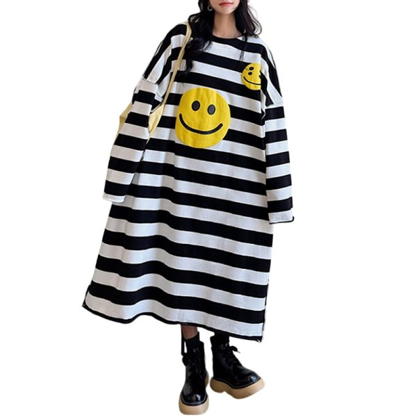 画像1: Big Smile Striped Big Design Long Dress ビッグ　スマイル　ニコちゃん　ビッグ　デザイン　ロング　ワンピース (1)