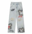 画像2:  Unisex  Hip Hop Splash Ink Butterfly Patch Straight Jeans　ユニセックス 男女兼用  ヒップホップ スプラッシュ インク バタフライ パッチ ストレートデニムジーンズ (2)