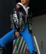 画像7: Women's  Graffiti Print Lapel Leather Jacket Riders　落書きグラフィックプリントラペルレザージャケットライダース　コート ジャケット 　 (7)