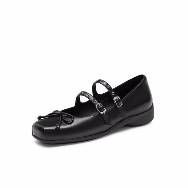 画像1: Women’s LeatherDouble Strap & Ribbon Square Toe Mary Jane Flat Shoes Scoop Ballet Shoes  　 レザーフラットダブルストラップ&リボンバレーシューズパンプススリッポンスニーカー (1)