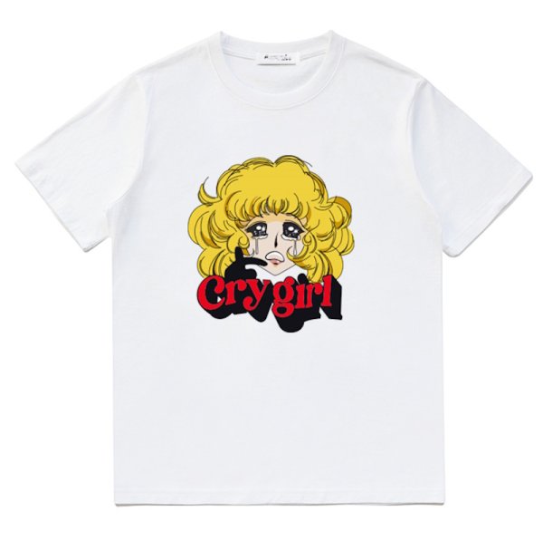 画像1: Crying girl cartoon print short-sleeved T-shirt   クライングガールアニメプリント半袖 Tシャツ (1)