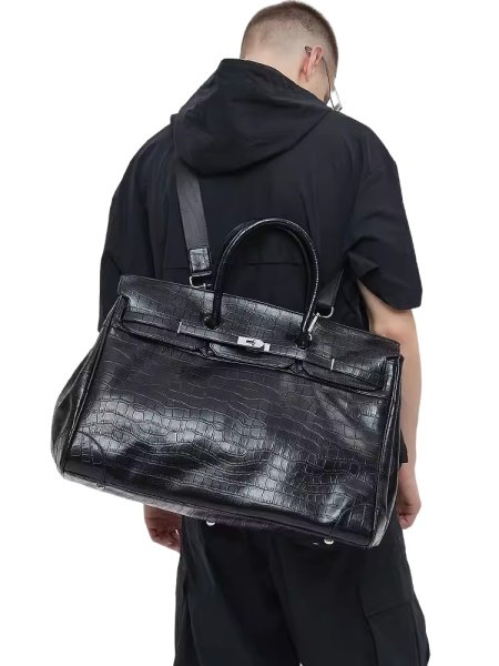 画像1: Unisex Crocodile Pattern PU Leather 50cm Large BK Travel Bag 2 way ユニセックス　男女兼用　クロコダイル　PUレザー 50cm　ラージ　旅行バッグ　ハンドバッグ　　通学　通勤 (1)