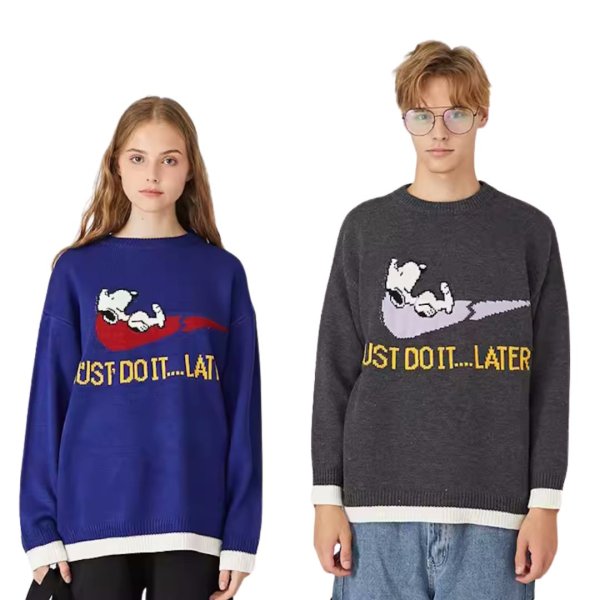 画像1: JUST DO IT LATER Broken Nike x Snoopy Knit Sweater　ユニセックス 男女兼用 JUST DO IT LATERブロークンナイキ×スヌーピー編み込みセーター (1)