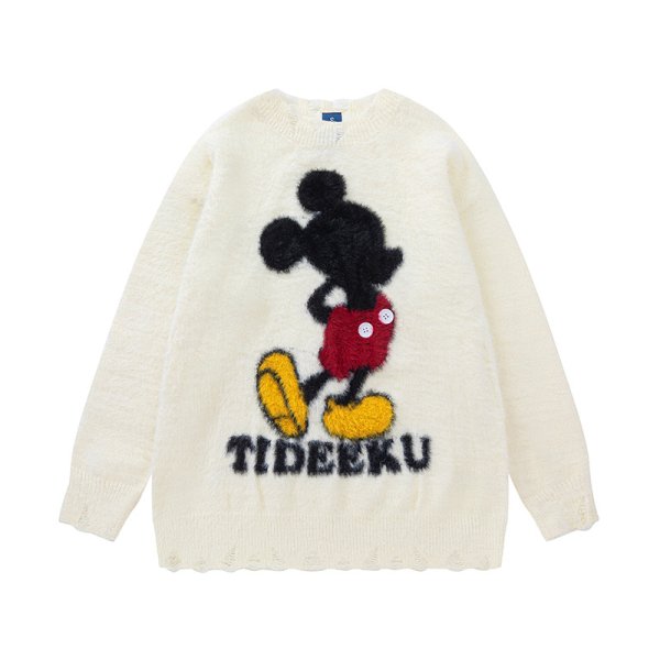 画像1: Mickey Mouse color knitted round neck distressed sweater 　男女兼用ユニセックスミッキーマウスカラーミッキー編み込みクールネックダメージセーター ニット (1)