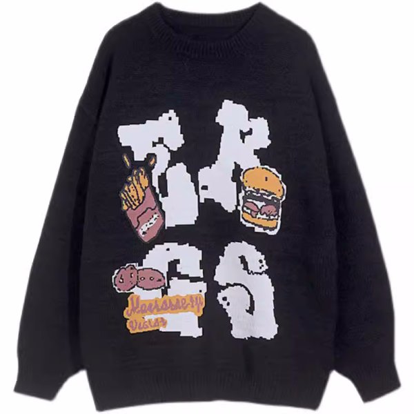 画像1: Unisex Hamburger and fries knitted round neck sweater knit　 ユニセックス　男女兼用　ハンバーガー＆フライドポテト編み込みラウンドネック セーター ニット (1)