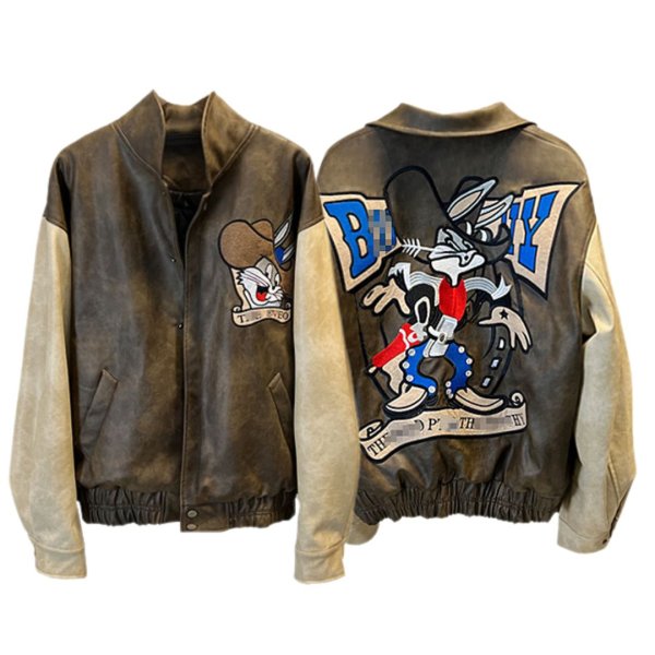 画像1: Looney Tunes Bugs Bunny Vintage Western Cowboy Leather Brown Button Up Jacket ユニセッ クス男女兼用 ヴィンテージ風 バックスバニー レザージップアップ ジャケット スタジアムジャンパー スタジャン ブルゾン (1)