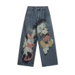 画像1: Unisex Mickey & Minny Graffiti Pint Denim Pants loose straight wild pants Jeans 男女兼用 ユニセックス ワイドパンツ ワイドレッグ ミッキー & ミニー ペイント デニム パンツ (1)