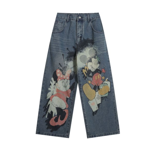 画像1: Unisex Mickey & Minny Graffiti Pint Denim Pants loose straight wild pants Jeans 男女兼用 ユニセックス ワイドパンツ ワイドレッグ ミッキー & ミニー ペイント デニム パンツ (1)