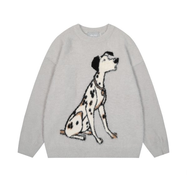 画像1: UnisexDalmatian  round neck sweater knit　 ユニセックス　男女兼用　ダルメシアンドッグ編み込みラウンドネックモヘアセーター ニット (1)