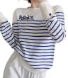 画像1: Blue Stripe Popeye Print Round Neck Sweater Knit  男女兼用ユニセックスブルーストライプポパイプリントラウンドネックセーターニットラウンドネックセーター (1)