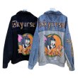 画像2: Oversized Unisex Tom and jerry denim Sweat x Sequin Graffiti  Paint zipup jacket オーバーサイズ トムとジェリー トム＆ジェリー スパンコール スウェット ペイント プリント  デニム Gジャン ジャケット (2)