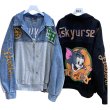 画像1: Oversized Unisex Tom and jerry denim Sweat x Sequin Graffiti  Paint zipup jacket オーバーサイズ トムとジェリー トム＆ジェリー スパンコール スウェット ペイント プリント  デニム Gジャン ジャケット (1)