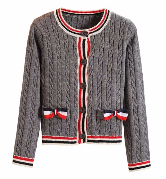 画像1: Contrast Color Round Neck Long Sleeve Wool Ribbon Cardigan Sweater Knit　コントラストカラーラウンドネック長袖リボンカーディガンニット (1)