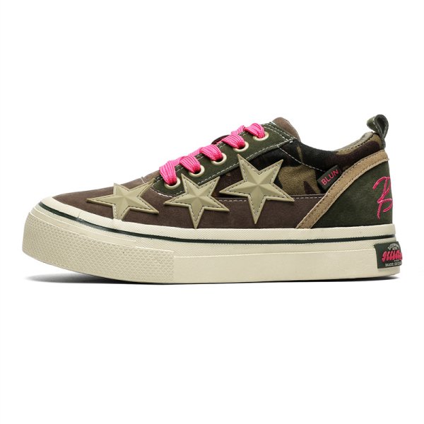 画像1: Unisex Camouflage and star emblem leather lace-up sneakers　ユニセックス 男女兼用 カモフラージュ迷彩＆スターエンブレムレザー レースアップスニーカー (1)