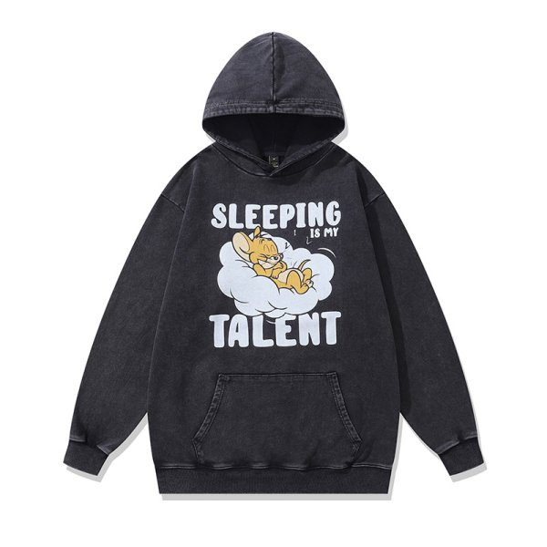 画像1: Vintage TOM & JERRY SLEEPING is my TALENT cartoon anime hoodie ヴィンテージ加工 オーバーサイズ ユニセックス 男女兼用 トムとジェリー プリント  パーカー (1)