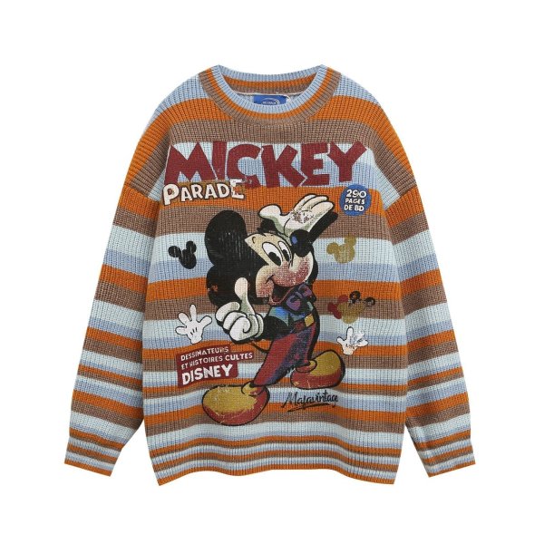 画像1: Old Mickey Mouse striped round neck sweater pullover  Knit　オールドミッキーマウスプリントボーダーラウンドネック長袖セーターニット (1)