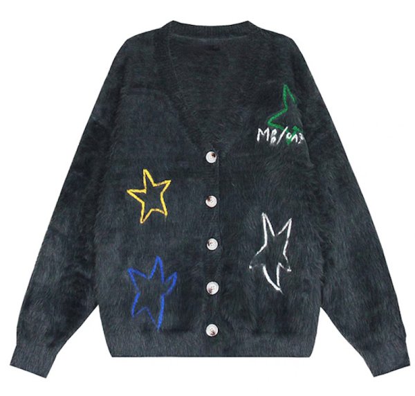 画像1: Star embroidery V neck mohair cardigan star　ユニセックス男女兼用 スター刺繍Vネックモヘアカーディガンセーター (1)