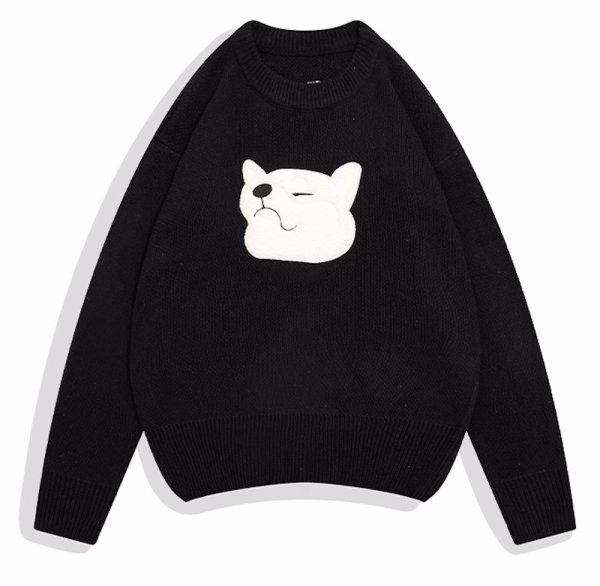 画像1: Dog face applique round neck sweater knit　ユニセックス男女兼用 ドッグフェイスアップリケエンブレム ラウンドネックセーターニット  (1)